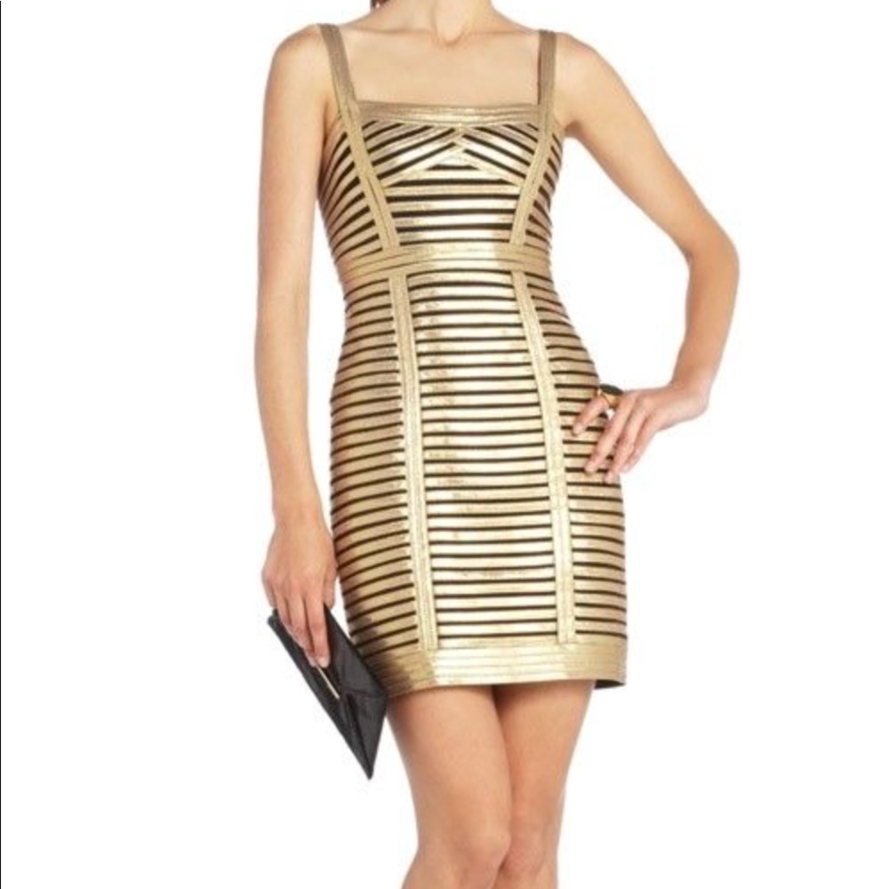 BCBGMAXAZRIA gold lame ribbon cocktail dress